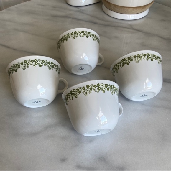 VINTAGE • 70s Avocado Green Tea Cups Mugs Corelle CorningWare Made USA Set of 4 - Picture 3 of 11